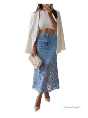 Womens Denim Midi Skirt Guipure Lace Spliced High Waist A-Line Jean Skirt